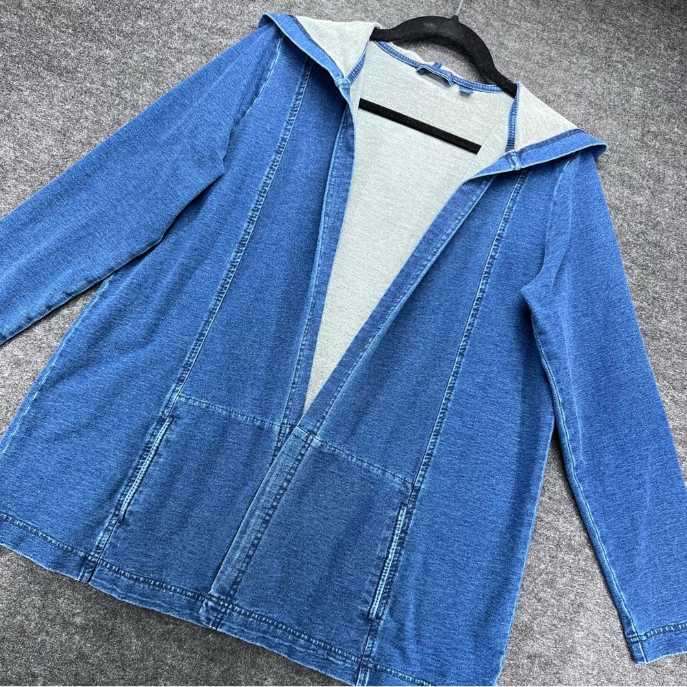 J. Jill Purejill Cardigan Womens Small Petite Indigo Blue Hooded Open Front